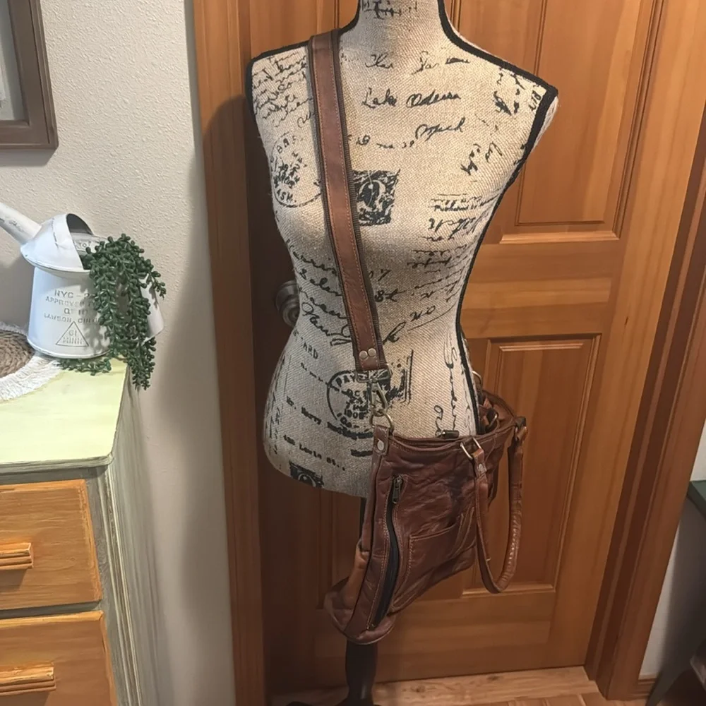 Goats Leather Tote Handbag Brown Shoulder Bag with cross body strap